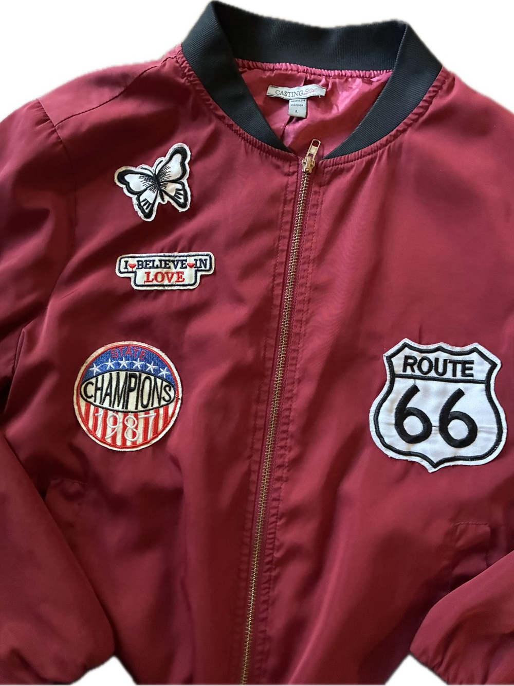 Burgundy women’s' Bomber Jacket with Route 66 Patches